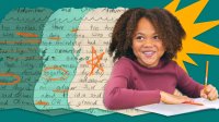 collage of a third grade student supplemented by multiple revisions of her writing