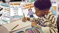 Collage of child drawing with images of DIY workbooks in the background