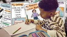 Collage of child drawing with images of DIY workbooks in the background