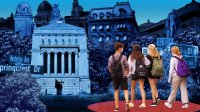 Photo collage of four teenage students walking towards a collection of memorials, buildings, and statues