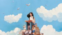 Illustration of a student sitting on a large pile of books