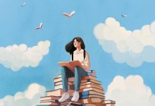 Illustration of a student sitting on a large pile of books