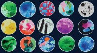 An illustration of petri dishes with different abstract art contained in each one from a science class that is using arts integration