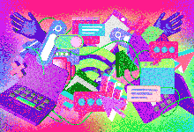 animation featuring a pile of tech with hands waving