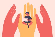 Illustration of hands supporting reading child