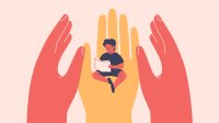 Illustration of hands supporting reading child