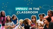 A collage of a diverse group of students doing theater games and improvisation activities, with the text "Improv in the Classroom" and sketched doodles on it.