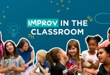 A collage of a diverse group of students doing theater games and improvisation activities, with the text "Improv in the Classroom" and sketched doodles on it.