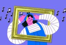 Illustration of student listening to music within art frame