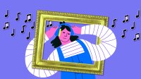 Illustration of student listening to music within art frame