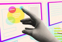 Illustration of hand touching computer screen