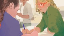 illustration of two girls, one with glasses, working together in class
