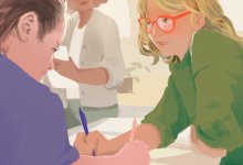 illustration of two girls, one with glasses, working together in class