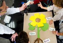 A photo of kindergarteners constructing a poster of a flower with their teacher