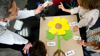 A photo of kindergarteners constructing a poster of a flower with their teacher