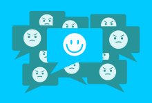Illustration of happy emoji speech bubbles blocking angry emoji speech bubbles