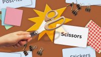 A middle schooler's hand holding scissors over its corresponding flashcard among other classroom items and flashcards.