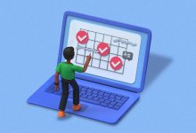 A 3D illustration of a student approaching a computer with a digital planner