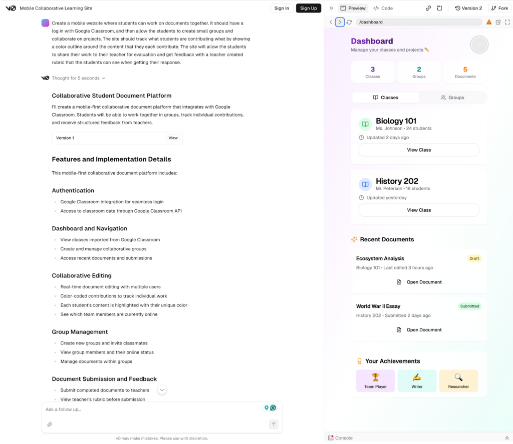 A screenshot from v0.dev for an article about new tech tools