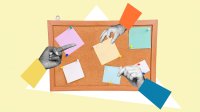 Photo collage of hands adding sticky notes to a bulletin board