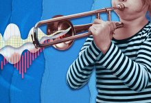 A collage of sound waves coming out of a student's trombone