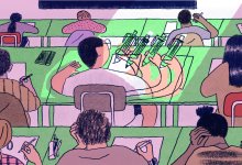 illustration of students in a classroom, one appears to be writing in an AI-augmented way