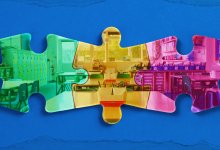 A collage of three puzzle pieces creating the image of a classroom