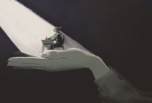 illustration of teacher hands supporting hopeful-looking student into the light, representing supporting high school students with mental health issues