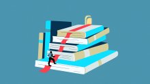 Illustration of student climbing path on pile of books