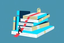 Illustration of student climbing path on pile of books