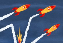 Illustration of rocket crash and taking off again, representing how to bounce back after a lesson flop