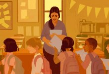 Illustration of students leaving class and handing teacher papers