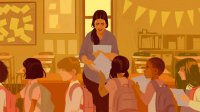 Illustration of students leaving class and handing teacher papers