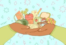 Illustration of hands holding different items relating to education and autism