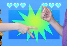 A collage of two elementary students playing rock, paper, and scissors. Behind the hands are a blue rectangle, and above the rectangle are six pixelated hearts, representing how elementary students can play computer science games.