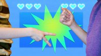 A collage of two elementary students playing rock, paper, and scissors. Behind the hands are a blue rectangle, and above the rectangle are six pixelated hearts, representing how elementary students can play computer science games.
