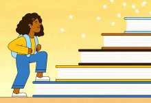 An illustration of a young smiling female student climbing up a staircase made up of multicolored books.