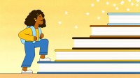 An illustration of a young smiling female student climbing up a staircase made up of multicolored books.