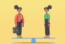 An illustration of two figures on a balance. The figure to the left is a teacher ready to work, while the figure on the right is the same person in non-work clothes.