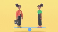 An illustration of two figures on a balance. The figure to the left is a teacher ready to work, while the figure on the right is the same person in non-work clothes.