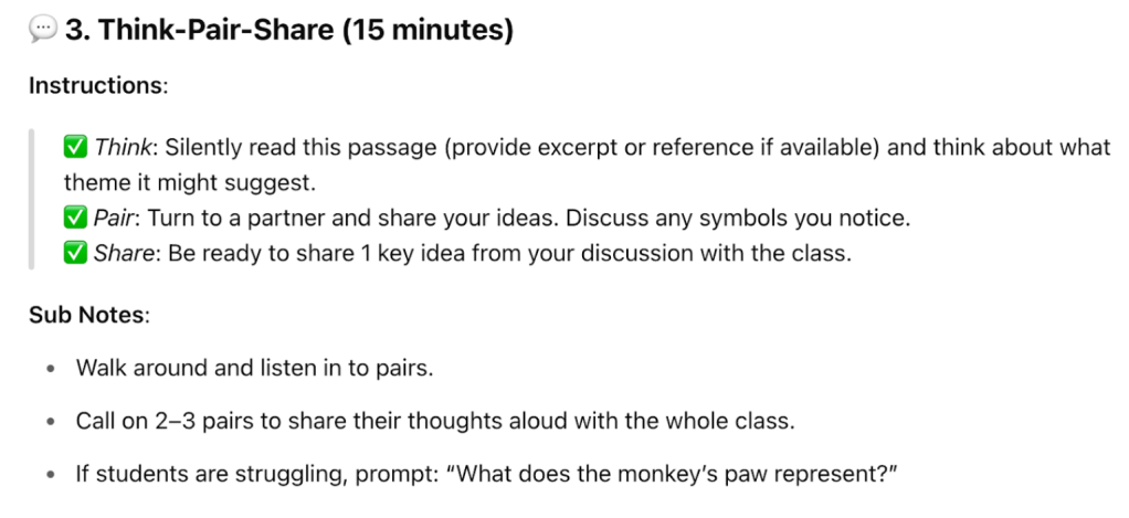 A screenshot from ChatGPT for an article about using AI to help create sub plans
