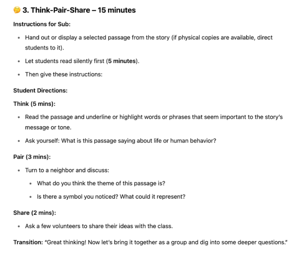 A screenshot from ChatGPT for an article about using AI to help create sub plans