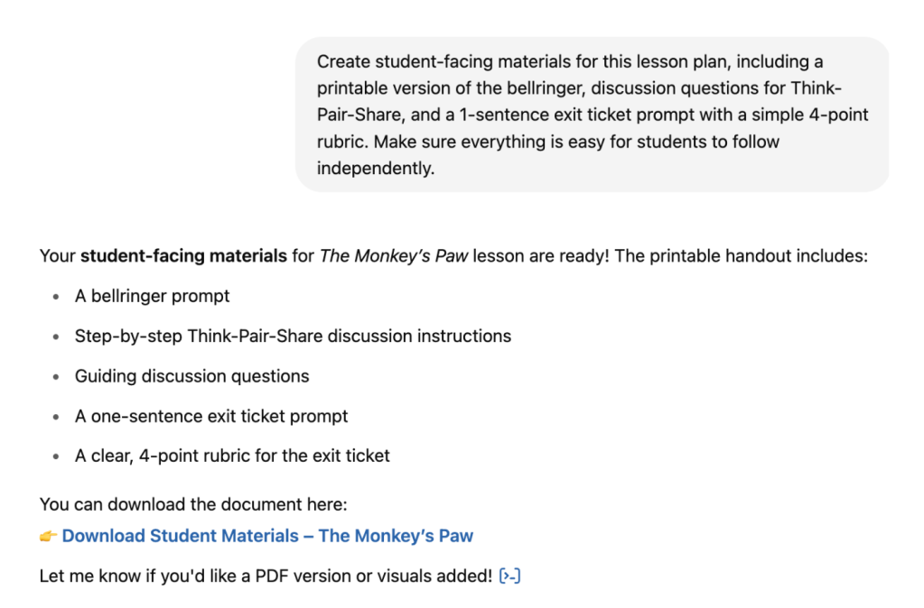 A screenshot from ChatGPT for an article about using AI to help create sub plans
