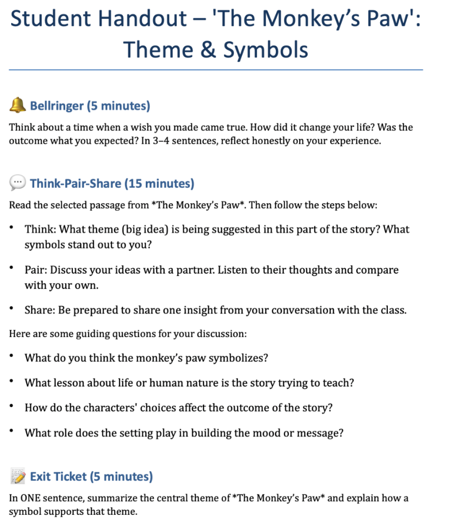 A screenshot from ChatGPT for an article about using AI to help create sub plans