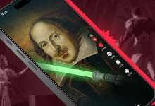 image of William Shakespeare on a phone with social media "like" illuminated and a MacBeth state play in the background