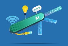 An illustration of a swiss army knife labeled "AI" with its digital tools switching out of it
