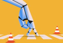 An illustration of a robotic hand making a walking motion over a crosswalk with traffic cones.