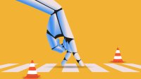 An illustration of a robotic hand making a walking motion over a crosswalk with traffic cones.