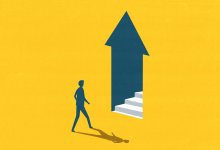 An illustration of a figure approaching stairs that are encased in a large arrow pointing up.