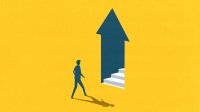An illustration of a figure approaching stairs that are encased in a large arrow pointing up.